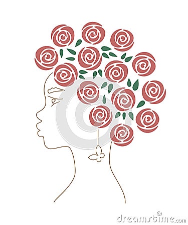African woman with red roses a butterfly earring. Line art female portrait. Curly hair. Vector Illustration